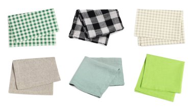 Beyaza izole edilmiş farklı masa örtüleri, set. Üst görünüm