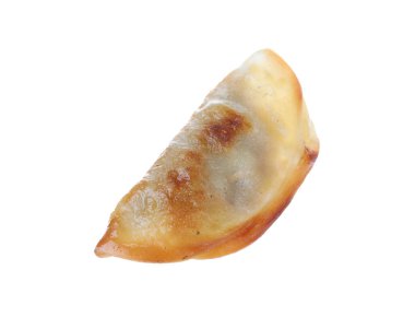 Bir kızarmış gyoza hamur tatlısı, beyaz üzerine izole edilmiş.