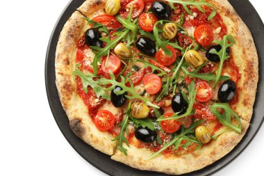 Zeytinli, domatesli ve roka aromalı lezzetli pizza.