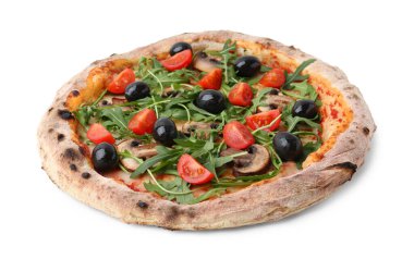 Kirazlı, domatesli, siyah zeytinli, mantarlı ve roka aromalı lezzetli pizza.