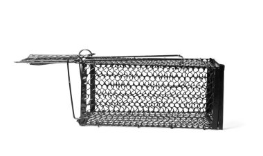 Bir metal fare tuzağı beyaza izole edilmiş.