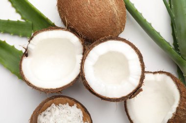 Saç tedavisi. Beyaz arka planda hindistan cevizi ve aloe yaprakları düz.