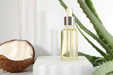 Saç tedavisi. Kozmetik ürünler, hindistan cevizi ve beyaz arka planda aloe yaprakları. Metin için boşluk