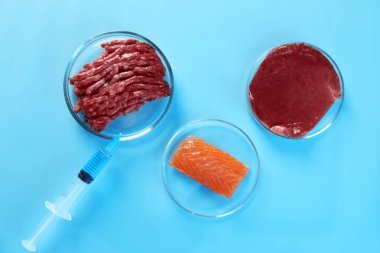 GDO konsepti. Açık mavi masada farklı ürünler ve şırıngalar, düz konum