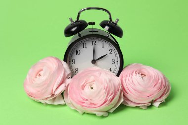 Bahar geldi. Alarm saati ve yeşil arka planda güzel ranunculus çiçekleri