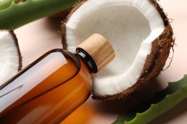 Saç tedavisi. Kozmetik ürün, hindistan cevizi ve aloe yaprakları bej arka planda, yakın plan