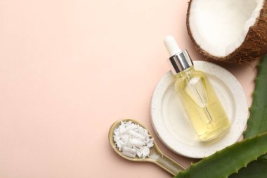 Saç tedavisi. Kozmetik ürünler, hindistan cevizi, tereyağı talaşı ve bej arka planda aloe yaprakları, düz yatak. Metin için boşluk