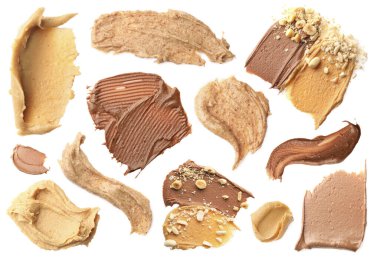 Fındık ezmesi. Beyaza izole edilmiş farklı örnekler, set. Üst görünüm