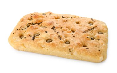 Zeytinli ve kekikli nefis Focaccia ekmeği beyaz üzerine izole edilmiş.