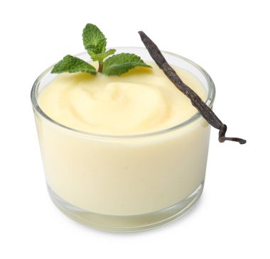 Lezzetli vanilyalı puding, nane ve kabuk beyaz üzerine izole