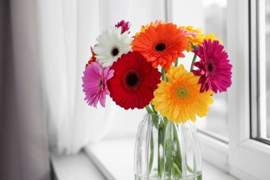 Pencere kenarında bir buket güzel Gerbera çiçeği