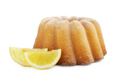 Lezzetli limonlu pasta ve beyaz üzerine izole edilmiş taze meyve dilimleri.