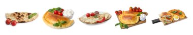 Farklı lezzetli calzone 'ler beyaz sette izole edilmiş.