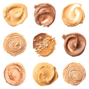 Fındık ezmesi. Beyaza izole edilmiş farklı örnekler, set. Üst görünüm