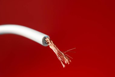 Kırmızı arka planda bakır şeritli elektrik kablosu, yakın plan. Metin için boşluk