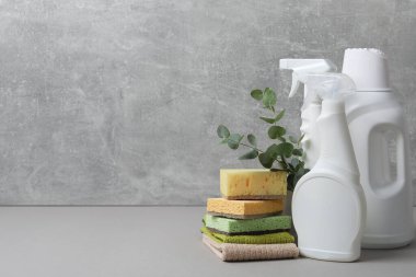 Gri masada çevre dostu temizlik ürünleri, malzemeler ve okaliptüs dalları, metin için yer