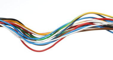 Beyaz arka planda birçok renkli elektrik kablosu