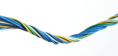 Beyaz arka planda birçok renkli elektrik kablosu