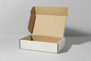 Beyaz arka planda açık bir karton kutu. Tasarım için model