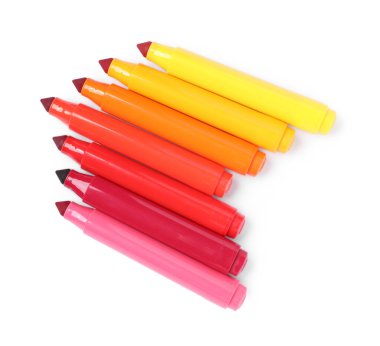Many colorful markers isolated on white, top view