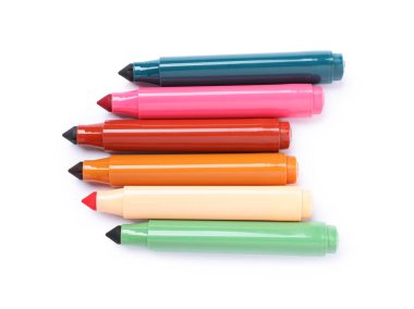 Many colorful markers isolated on white, top view