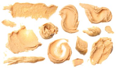 Fındık ezmesi nefis. Örnekler beyaza izole edildi. Üst görünüm