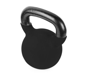 Beyaza izole edilmiş siyah bir kettlebell. Çalışma ekipmanları