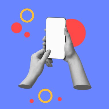 Mavi arka planda elleri boş telefonu olan bir kadın, yakın plan. Sanat kolajı