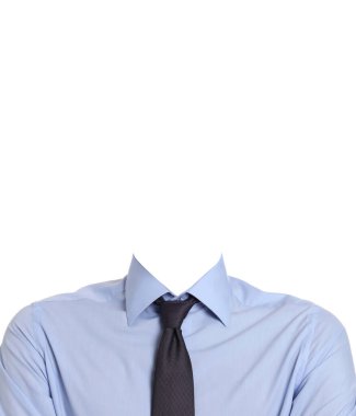 Pasaport fotoğrafı, kimlik kartı ya da diğer belge fotoğrafları. Yüzü olmayan resmi kıyafet beyaz üzerine izole edilmiş.