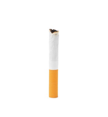 One cigarette butt isolated on white. Smoking habit