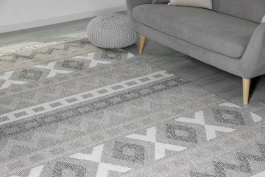 Oturma odasında yerde desenli yumuşak bir halı.