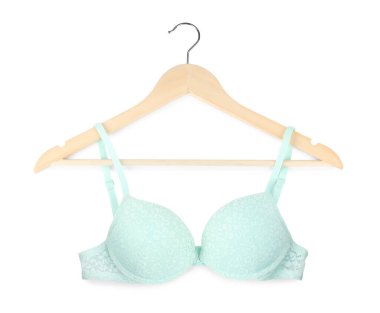 Beyaz arkaplanda asılı güzel turkuaz sütyen