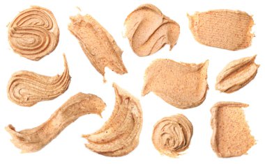 Fındık ezmesi nefis. Örnekler beyaza izole edildi. Üst görünüm