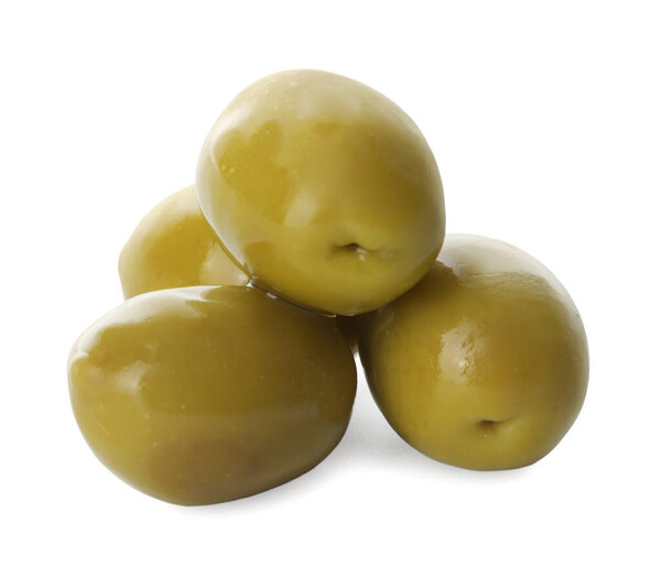 Delicious marinated green olives isolated on white