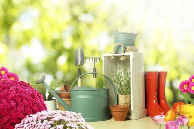 Bahçıvanlık ekipmanları ve çiçek açan çiçekler dışarıda, ahşap masada.