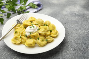 Yeşil soğanlı lezzetli börekler, ekşi krema ve çatalla gri desenli masa, yakın plan. Metin için boşluk