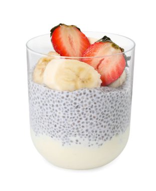 Çilekli lezzetli chia pudingi ve beyaz bardakta muz.