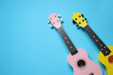 Açık mavi arka planda iki ukulele, üst manzara. Metin için boşluk