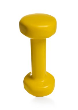 Beyaza izole edilmiş sarı bir dambıl. Spor malzemeleri.