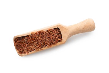 Çiğ kahverengi pirinç kepçe beyaz, üst manzara izole