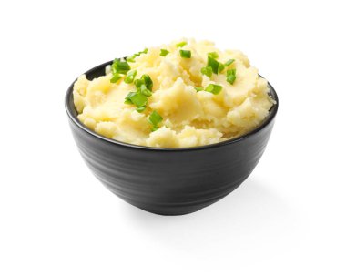 Lezzetli patates püresi, yeşil soğanlı, beyaz tenli.