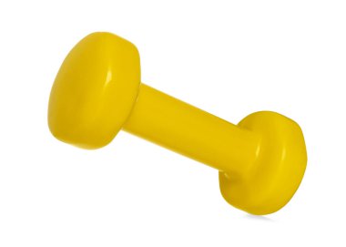 Beyaza izole edilmiş sarı bir dambıl. Spor malzemeleri.