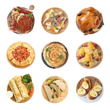 Beyazlara izole edilmiş farklı tabaklarla servis panoları. Üst görünüm