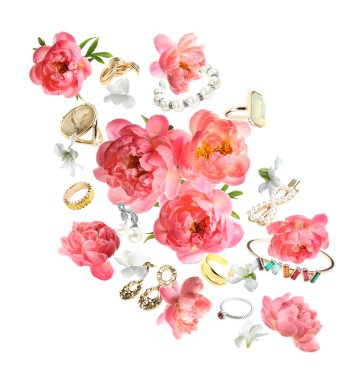 Parlak bijouterie ve güzel çiçekler beyaz arka planda hava