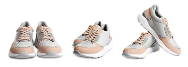 Beyaz arka planda şık ayakkabılar, kolaj. Spor ayakkabılar.