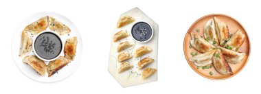 Beyaz arka planda kızarmış gyoza (hamur tatlısı), hazır. Üst görünüm