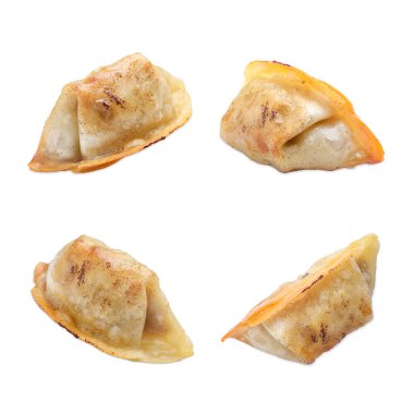 Beyaz arka planda kızarmış gyoza (hamur tatlısı), kolaj