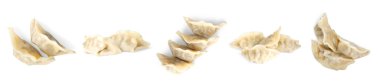 Beyaz arka planda kaynamış gyoza (hamur tatlısı), kolaj