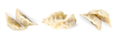 Beyaz arka planda kaynamış gyoza (hamur tatlısı), kolaj