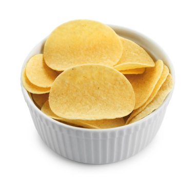 beyaz izole kase lezzetli patates cipsi